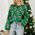 Festive green Christmas knit sweater featuring Santa hat jacquard patterns and puff sleeves - S / Top (A1272) / Green
