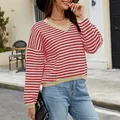 Stylish casual red and white striped V-neck knitted sweater for women in autumn winter. - S / Tops / Red and White Striped