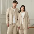 Minimalist couples V-neck fleece loungewear set with cozy cardigan and pants - One Size / Top And Bottom / Khaki (Men)