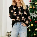 Gemütlicher schwarzer Weihnachtspullover für Damen mit niedlichem Rentier-Jacquard-Muster - S / Oberteile / Schwarz