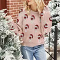 Festive pink Christmas knit sweater with wine glass pattern and stylish puff sleeves - S / Top (A1272) / Pink