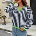 Women's casual navy and white striped sweater with bright green V-neck trim - S / Tops / Blue and White Stripes