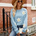 Cozy light blue loose-fit crew neck knit sweater with 3D white crochet flower decorations - S / Tops / Light Blue