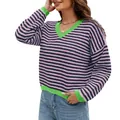 Women's casual pink and navy striped V-neck knit sweater with green contrast trim - S / Tops / Blue and Pink Stripes