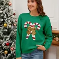 Green Christmas sweater for women with sequined candy cane and golden bow - S / Tops / Green