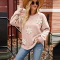 Casual pink knitted sweater featuring 3D white crochet flower appliques and loose fit - XL / Tops / Pink