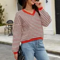 Casual V-neck striped knit sweater in brown and white with a vibrant orange trim detail - Brown White Striped