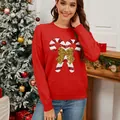 Elegant red women's Christmas knit sweater with sequined candy cane and golden bow - S / Tops / Red