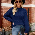 Women's stylish blue cable knit long sleeve pullover sweater for autumn and winter - S / Tops / Navy Blue