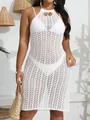 Close-up detail of white knit crochet beach cover-up dress with metallic shell buckle - 1XL / White