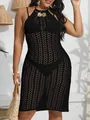 Detailed view of sexy black crochet beach dress featuring a gold shell button detail - 1XL / Black