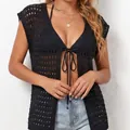 Sexy black crochet beach cover-up cardigan with tie-front design for women - S / Tops / Black