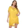 Detail des gelben Strand-Bikini-Cover-ups mit V-Ausschnitt und Häkel-Hohlmuster - Gelb