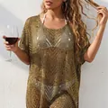 Elegant gold metallic knit beach cover-up dress for women over white bikini outfit - One Size / Tops / Black & Gold