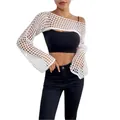 Stylish white crochet fishnet long sleeve shrug beach cover-up for women fashion - One Size / Tops / White