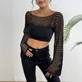 Elegant black crochet mesh beach cover-up featuring boat neck and flared long sleeves - One Size / Tops / Black