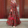 Vintage floral print long sleeve maxi dress in vibrant red with matching waist tie - S / Top And Bottom / Red
