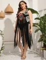 Plus size crochet beach cover up with long colorful tassels and fringe detail - One Size / Tops / Black