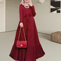 Elegant burgundy polka dot maxi dress with long sleeves and a matching waist belt - S / Top And Bottom / Burgundy