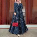 Navy blue Bohemian maxi dress with white line print and waist belt for modest fashion - S / Top And Bottom / Navy Blue