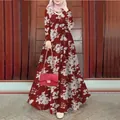 Full view of floral printed long sleeve maroon maxi dress with waist belt detail - S / Red