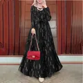 Bohemian black long sleeve maxi dress with white vertical stripe print and waist belt - S / Top And Bottom / Black