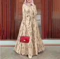 Elegant round neck Bohemian long sleeve maxi dress with abstract print and waist belt - S / Top And Bottom / Off White