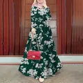Elegant dark green floral print maxi dress featuring long sleeves and a matching belt - S / Dark Green