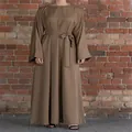 Full view of the loose plus size solid brown long dress featuring a waist belt tie. - S / Top And Bottom / Dark Brown