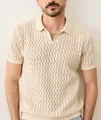 Detailed view of men's breathable knitted polo shirt featuring a zigzag hollow-out pattern - M / Tops / Off White