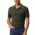 Close-up view of premium olive green short sleeve knit polo shirt with contrast collar - M / Tops / Army Green