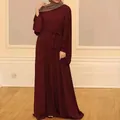 Elegant burgundy modest maxi dress featuring an adjustable waist tie and flowy long sleeves - S / Top And Bottom / Burgundy