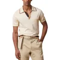 Close-up of men's cream knit Polo shirt with brown contrast collar and sleeve trim - M / Tops / Off White