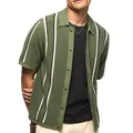 Detailed view of green knitted polo cardigan with vertical stripes and hollow texture. - M / Tops / Green
