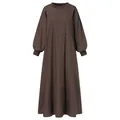 Detail of a brown loose-fit maxi dress showing round neck and ribbed long sleeve cuffs - S / Top And Bottom / Brown