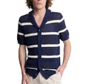 Close-up of navy blue striped knit polo shirt with breathable hollow-out design - M / Tops / Dark Blue