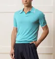 Detail view of a men's light blue short-sleeved knit polo shirt with white collar trim - M / Tops / Sky Blue