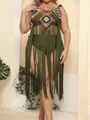 Detailed view of handmade crochet plus-size beach cover-up with long green fringes. - One Size / Tops / Army Green