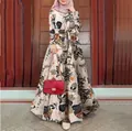 Elegant floral printed long sleeve maxi dress with O-neck and matching belt for women - S / Orange