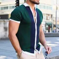 Close-up of men's short-sleeve knit polo shirt with striped color-block design - M / Tops / Retro Green Contrast