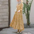 Elegant mustard floral print tiered maxi dress with long sleeves and modest design - S / Top And Bottom / Yellow