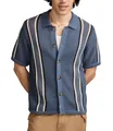 Men's blue hollow knit Polo shirt with vertical stripes and button-down front detail - M / Tops / Blue