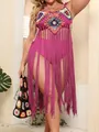 Elegant plus size purple crochet beach cover-up dress featuring long flowing tassel fringe - One Size / Tops / Rose Red