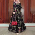 Elegant floral print long-sleeve maxi dress with O-neck and tied waist in navy blue - S / Navy Blue