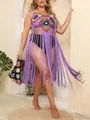 Detail of purple crochet cover-up featuring vibrant patterns and long dramatic fringes. - One Size / Tops / Purple