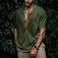 Detail view of green textured knit short sleeve shirt with button-down collar - 3XL / Tops / Green