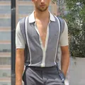 Close-up detail of a men's summer short-sleeved colorblock striped knit polo shirt texture - M / Tops / Blue