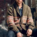 Close-up of olive green shawl collar knitted cardigan with patterned sleeves - M / Tops / Dark Army Green