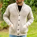 Close-up of men's shawl collar melange knit cardigan with button-down front and pockets - S / Tops / Khaki