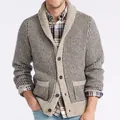 Detailed view of men's grey shawl collar cardigan with textured knit and button closure - M / Tops / Apricot